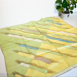 VINTAGE Silk Scarf Green Yellow Geometric Colourblock Abstract